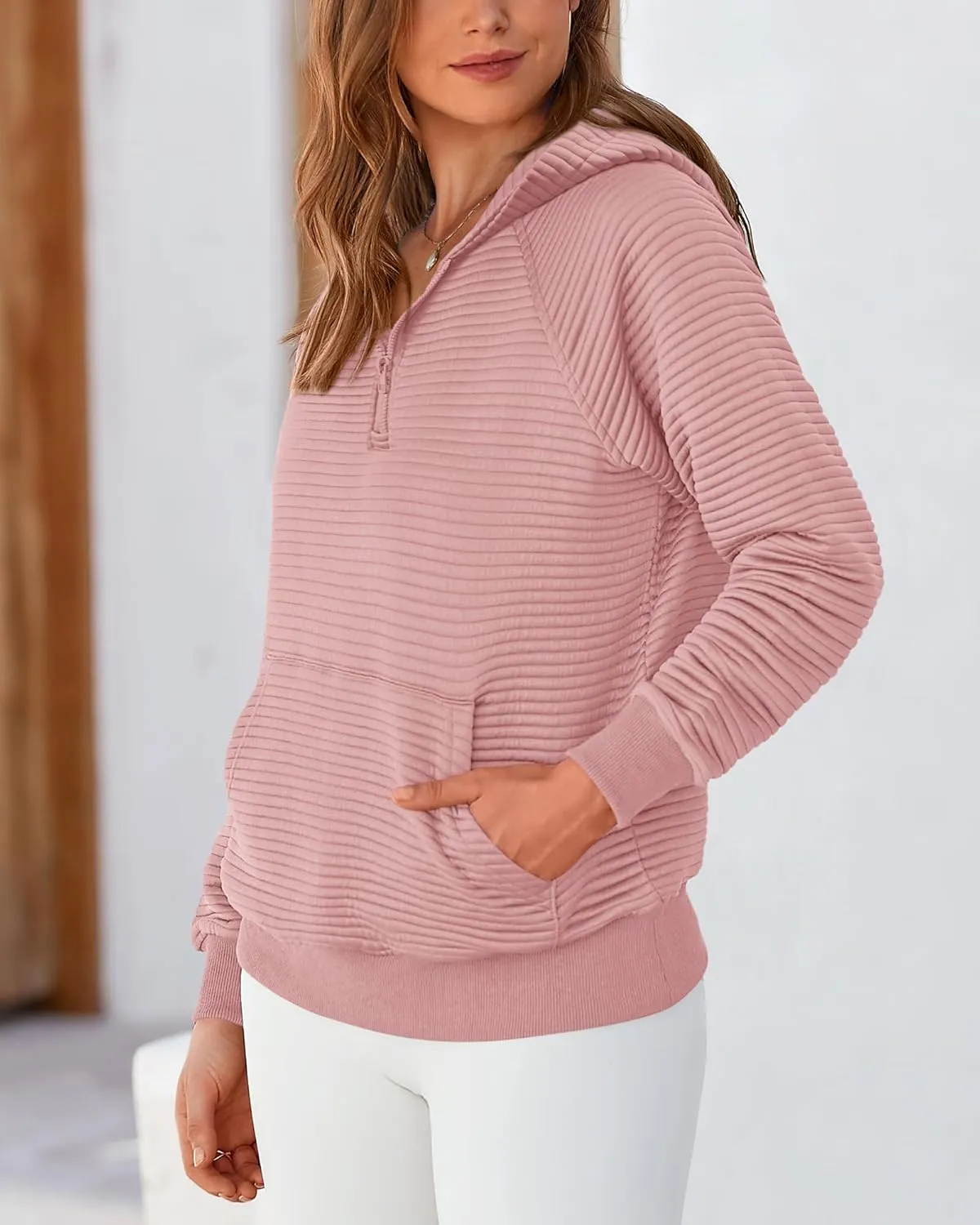 BTFBM Womens 2024 Fall Fashion Casual Hoodies Quarter Zip Sweatshirts Casual Long Sleeve V Neck Solid Pullover Tops