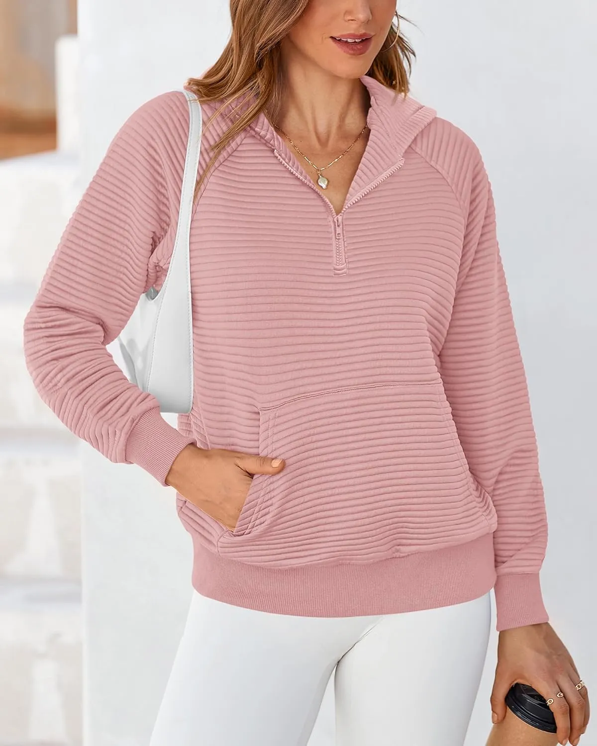 BTFBM Womens 2024 Fall Fashion Casual Hoodies Quarter Zip Sweatshirts Casual Long Sleeve V Neck Solid Pullover Tops