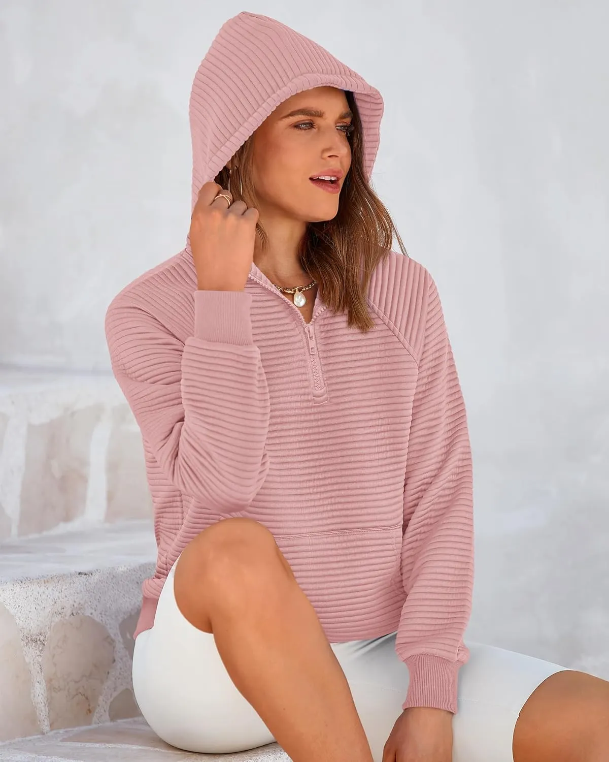 BTFBM Womens 2024 Fall Fashion Casual Hoodies Quarter Zip Sweatshirts Casual Long Sleeve V Neck Solid Pullover Tops