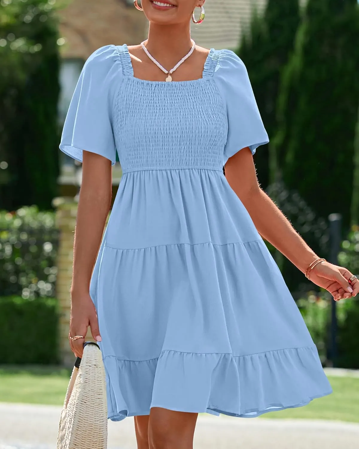 BTFBM Women's Summer Smocked Mini Dress Square Neck Flutter Sleeve Casual Ruffle Flared Swing Boho Beach Dresses Pockets