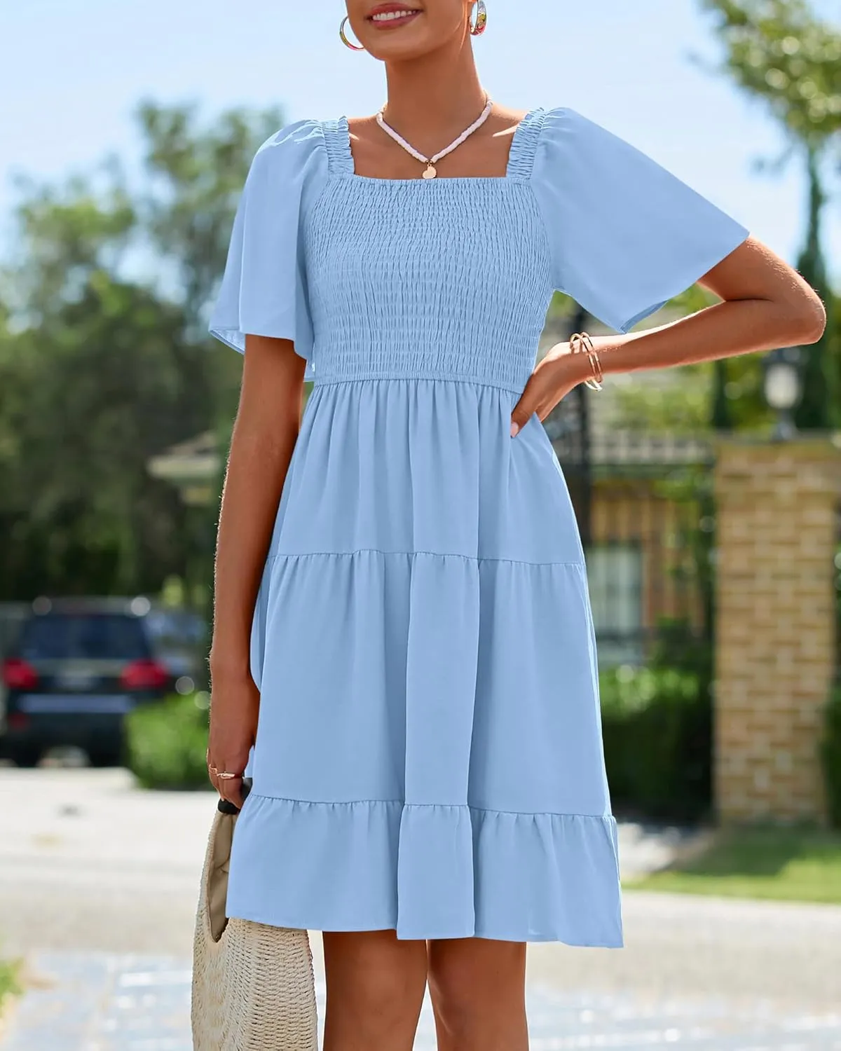 BTFBM Women's Summer Smocked Mini Dress Square Neck Flutter Sleeve Casual Ruffle Flared Swing Boho Beach Dresses Pockets