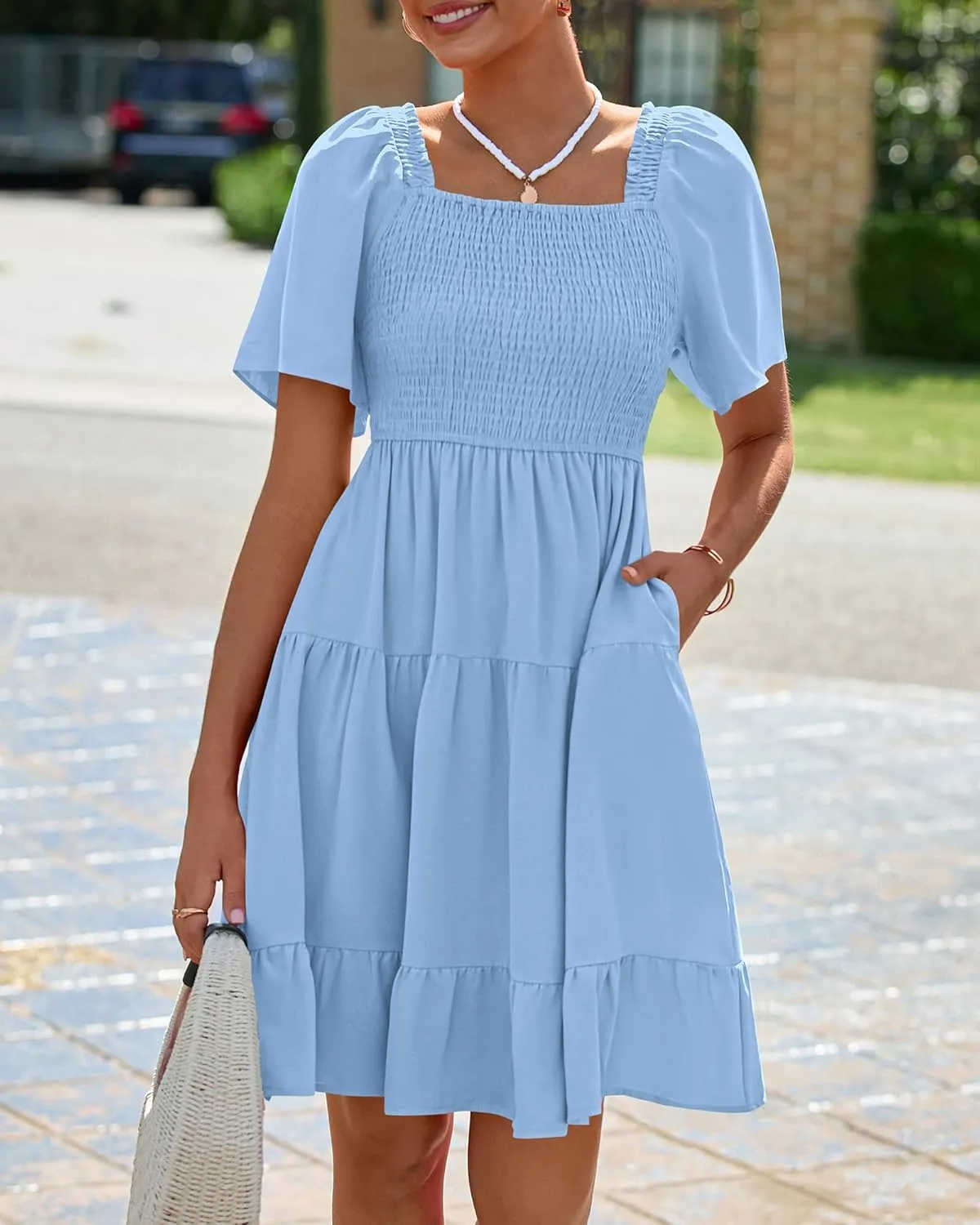 BTFBM Women's Summer Smocked Mini Dress Square Neck Flutter Sleeve Casual Ruffle Flared Swing Boho Beach Dresses Pockets