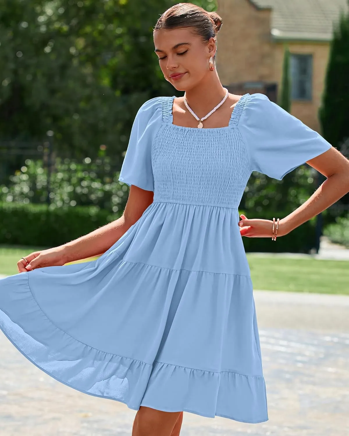 BTFBM Women's Summer Smocked Mini Dress Square Neck Flutter Sleeve Casual Ruffle Flared Swing Boho Beach Dresses Pockets