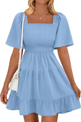 BTFBM Women's Summer Smocked Mini Dress Square Neck Flutter Sleeve Casual Ruffle Flared Swing Boho Beach Dresses Pockets