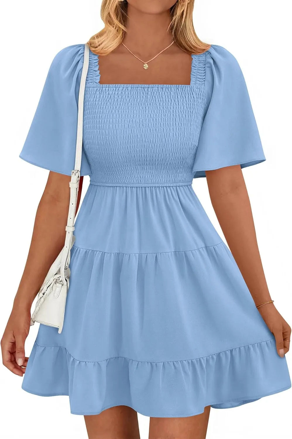 BTFBM Women's Summer Smocked Mini Dress Square Neck Flutter Sleeve Casual Ruffle Flared Swing Boho Beach Dresses Pockets