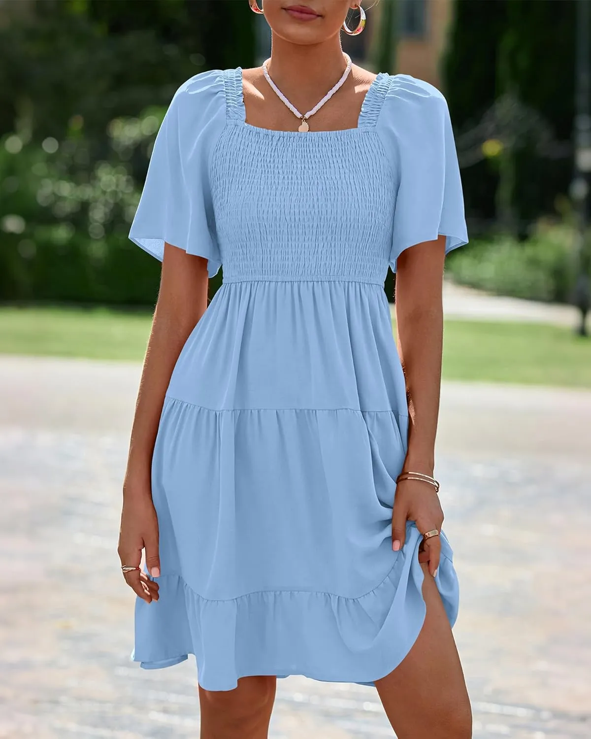BTFBM Women's Summer Smocked Mini Dress Square Neck Flutter Sleeve Casual Ruffle Flared Swing Boho Beach Dresses Pockets