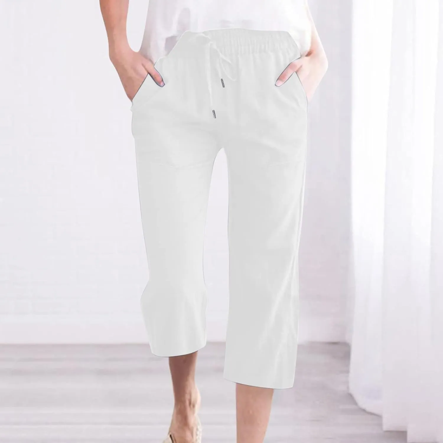 Capri Pants for Women 2025 Summer Linen Wide Leg Capris Casual Lightweight Capri Lounge Pants with Pockets