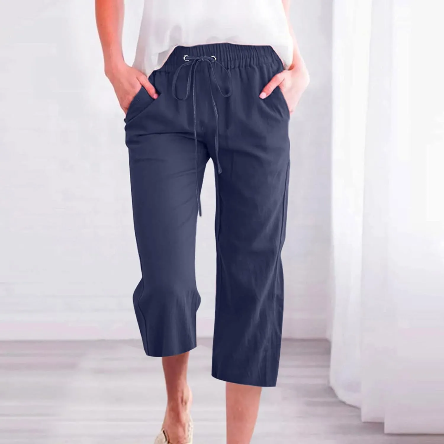 Capri Pants for Women 2025 Summer Linen Wide Leg Capris Casual Lightweight Capri Lounge Pants with Pockets
