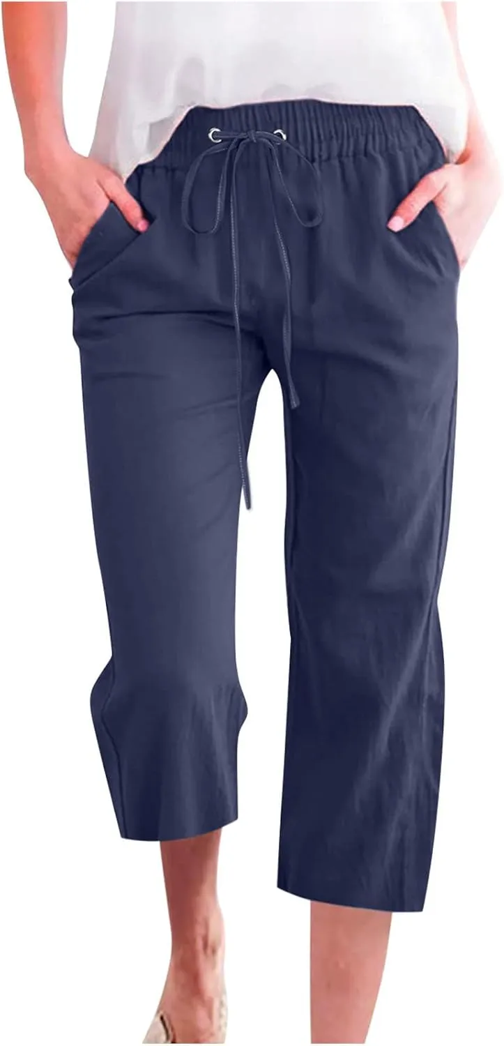 Capri Pants for Women 2025 Summer Linen Wide Leg Capris Casual Lightweight Capri Lounge Pants with Pockets