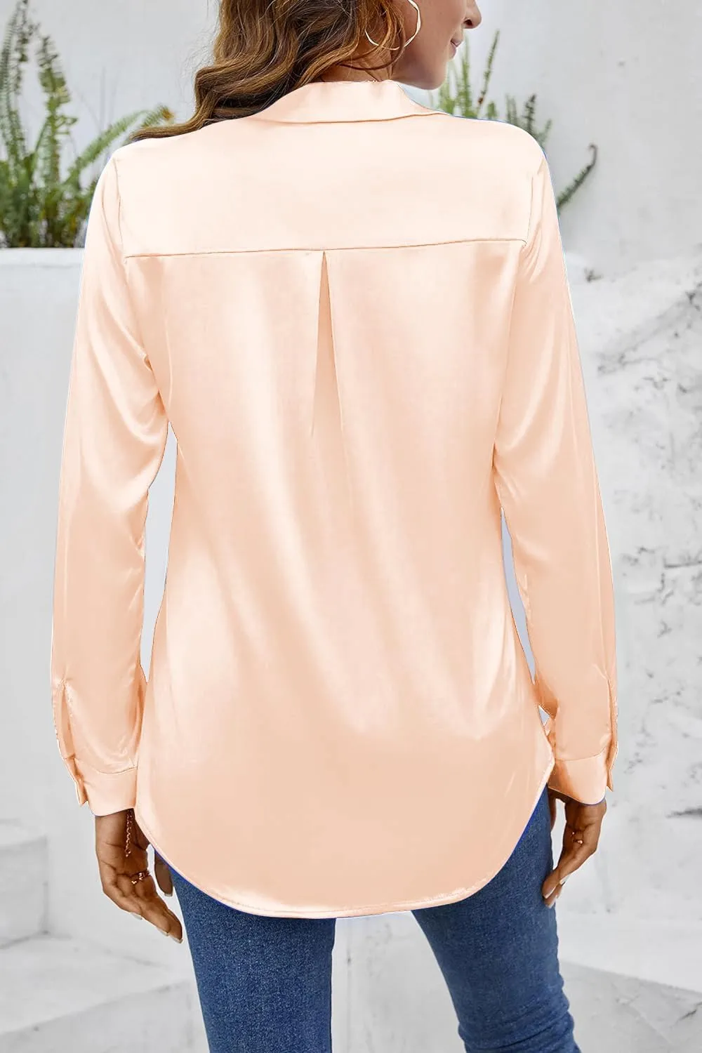 CBOO Women Elegant Satin Blouses Shirts, Soft Silk Shirts Top, Satin Button Down Shirts, Office Long Sleeve Blouse Shirt