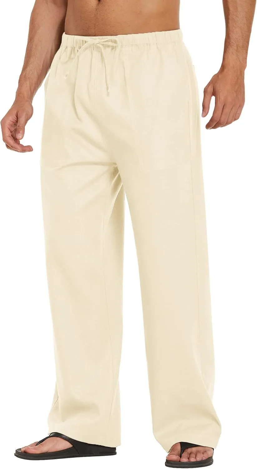 COOFANDY Mens Casual Linen Pants Elastic Waist Linen Pants Drawstring Summer Beach Yoga Linen Trouser
