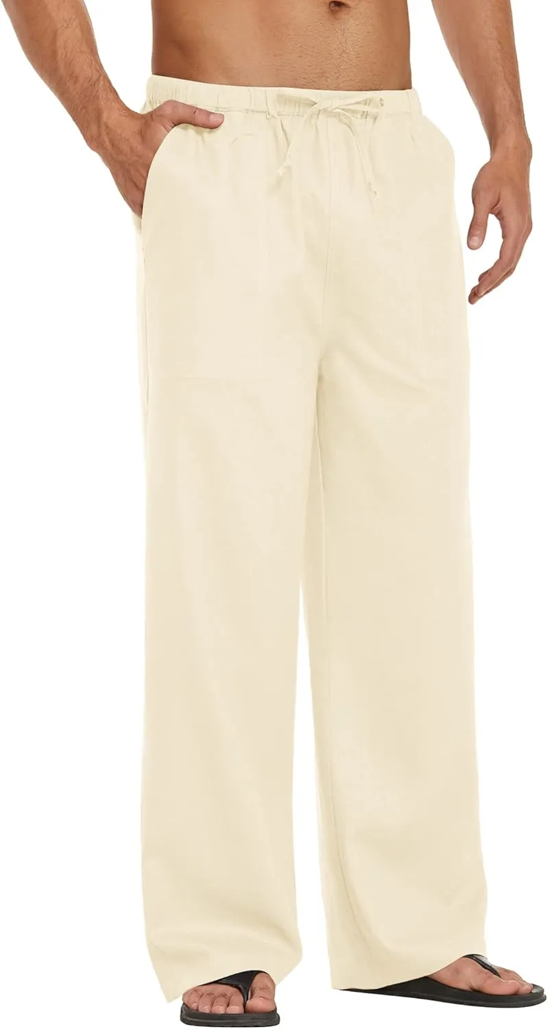 COOFANDY Mens Casual Linen Pants Elastic Waist Linen Pants Drawstring Summer Beach Yoga Linen Trouser