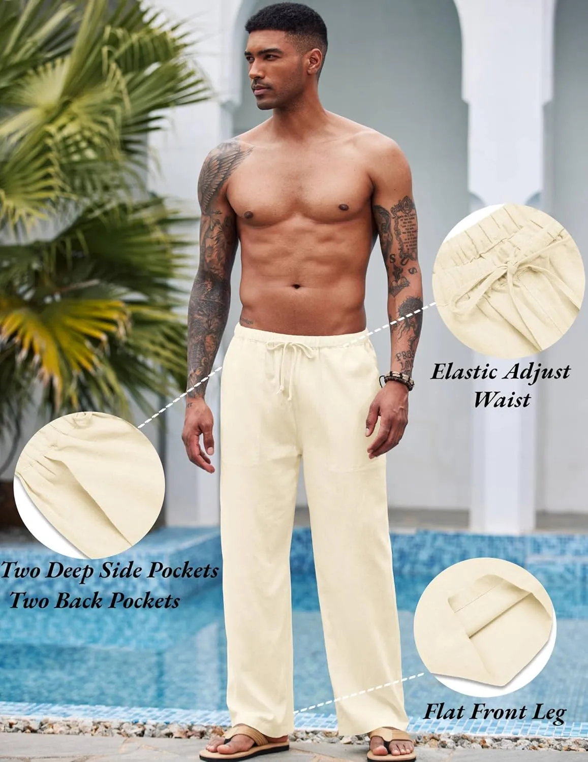 COOFANDY Mens Casual Linen Pants Elastic Waist Linen Pants Drawstring Summer Beach Yoga Linen Trouser
