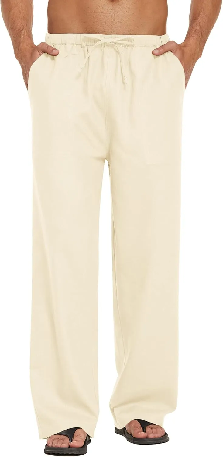 COOFANDY Mens Casual Linen Pants Elastic Waist Linen Pants Drawstring Summer Beach Yoga Linen Trouser