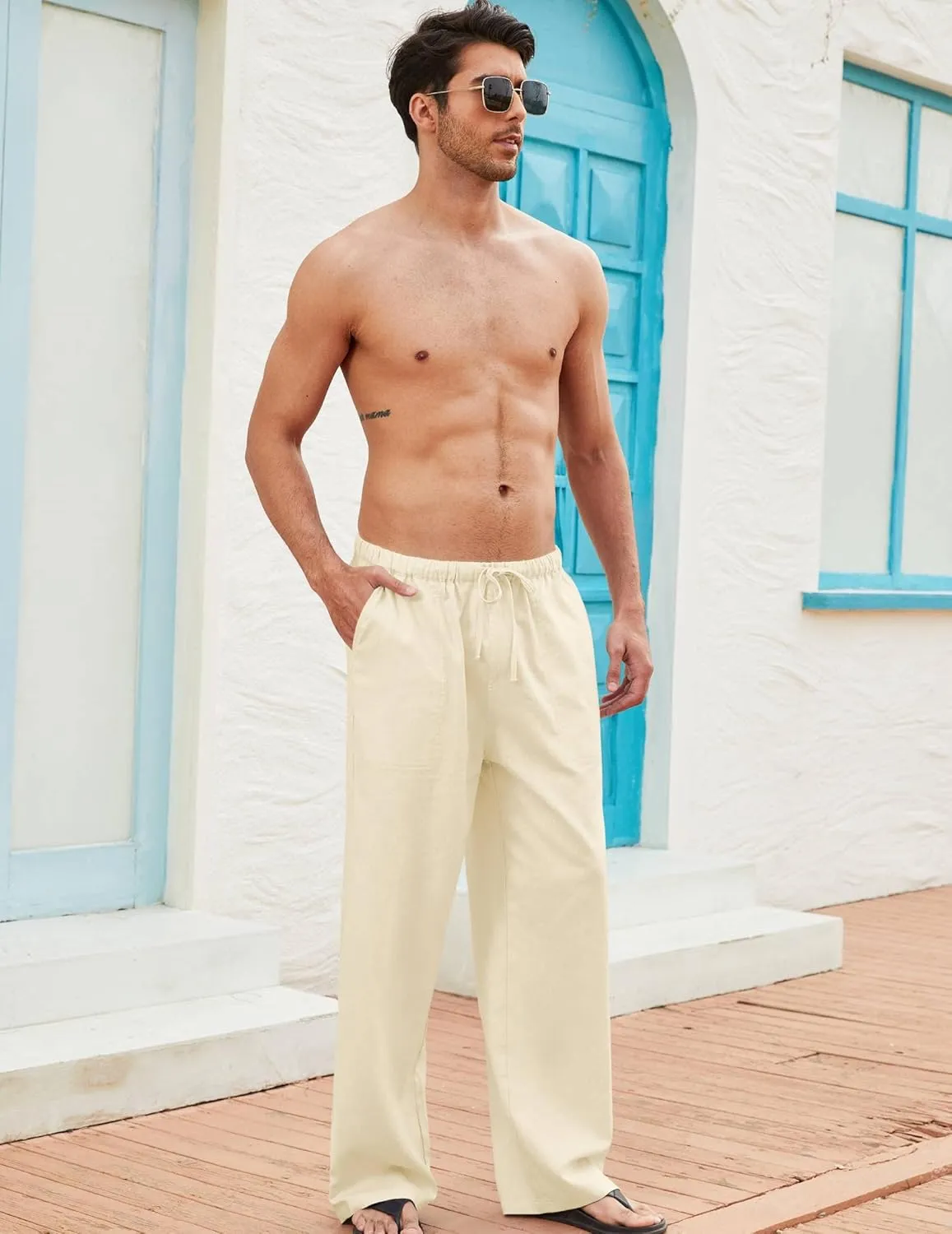 COOFANDY Mens Casual Linen Pants Elastic Waist Linen Pants Drawstring Summer Beach Yoga Linen Trouser