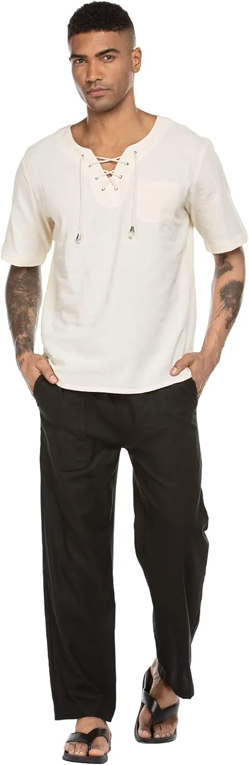 COOFANDY Mens Casual Linen Pants Elastic Waist Linen Pants Drawstring Summer Beach Yoga Linen Trouser