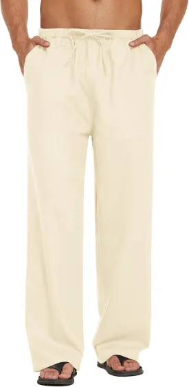 COOFANDY Mens Casual Linen Pants Elastic Waist Linen Pants Drawstring Summer Beach Yoga Linen Trouser