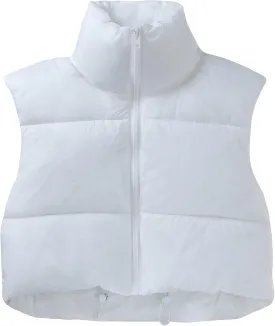 CULACCINO Women's Winter Cropped Puffer Vest Crop Jackets For Women Full Zip Stand Collar Padded Lightweight Outwear Vest