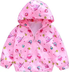 DDSOL Lightweight Hooded Windbreaker for Toddler Girls - Cartoon Print Unicorn and Owl Zip Jacket for Spring/Fall (Ages 2-8)