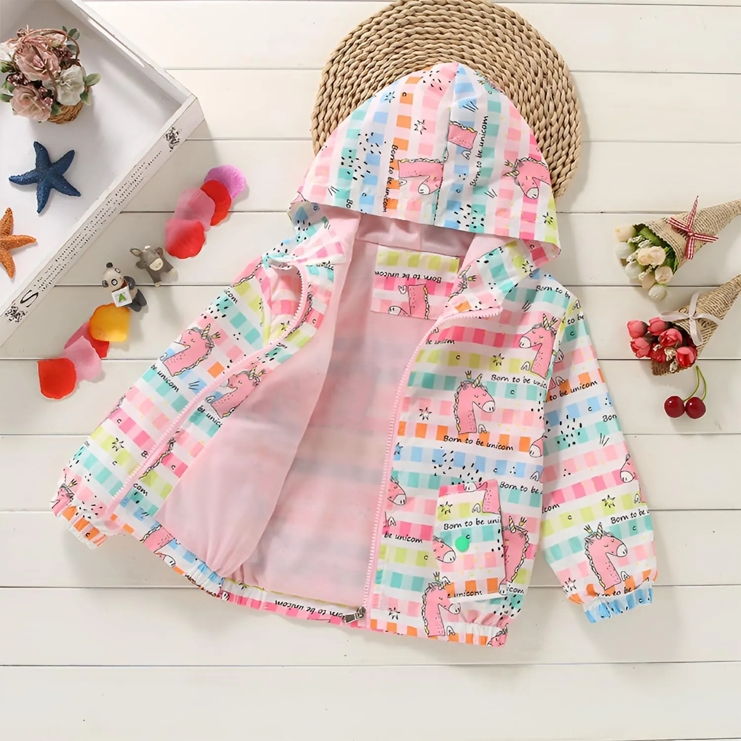 DDSOL Lightweight Hooded Windbreaker for Toddler Girls - Cartoon Print Unicorn and Owl Zip Jacket for Spring/Fall (Ages 2-8)
