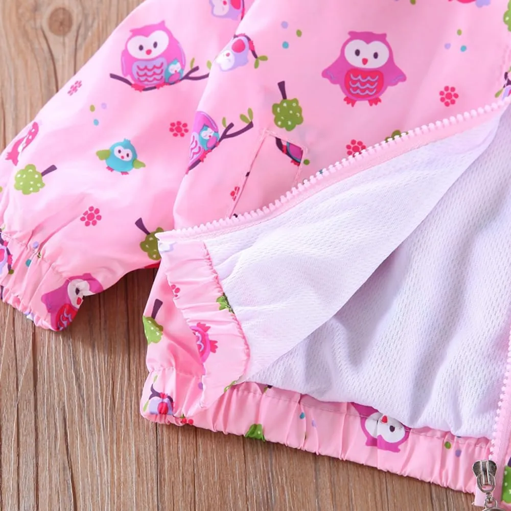 DDSOL Lightweight Hooded Windbreaker for Toddler Girls - Cartoon Print Unicorn and Owl Zip Jacket for Spring/Fall (Ages 2-8)