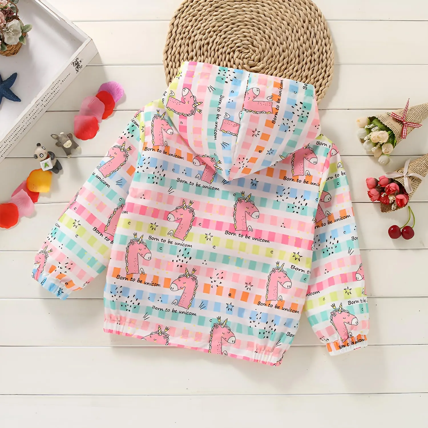 DDSOL Lightweight Hooded Windbreaker for Toddler Girls - Cartoon Print Unicorn and Owl Zip Jacket for Spring/Fall (Ages 2-8)
