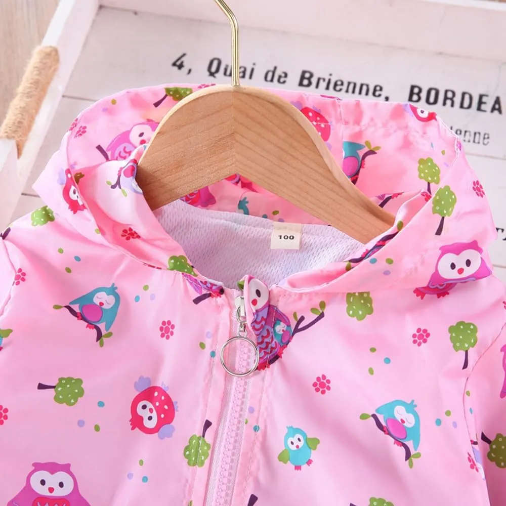 DDSOL Lightweight Hooded Windbreaker for Toddler Girls - Cartoon Print Unicorn and Owl Zip Jacket for Spring/Fall (Ages 2-8)