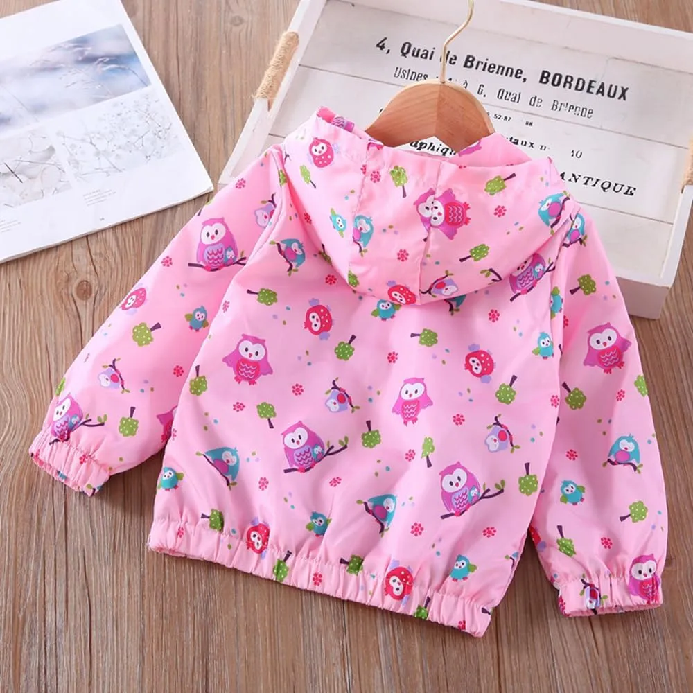 DDSOL Lightweight Hooded Windbreaker for Toddler Girls - Cartoon Print Unicorn and Owl Zip Jacket for Spring/Fall (Ages 2-8)