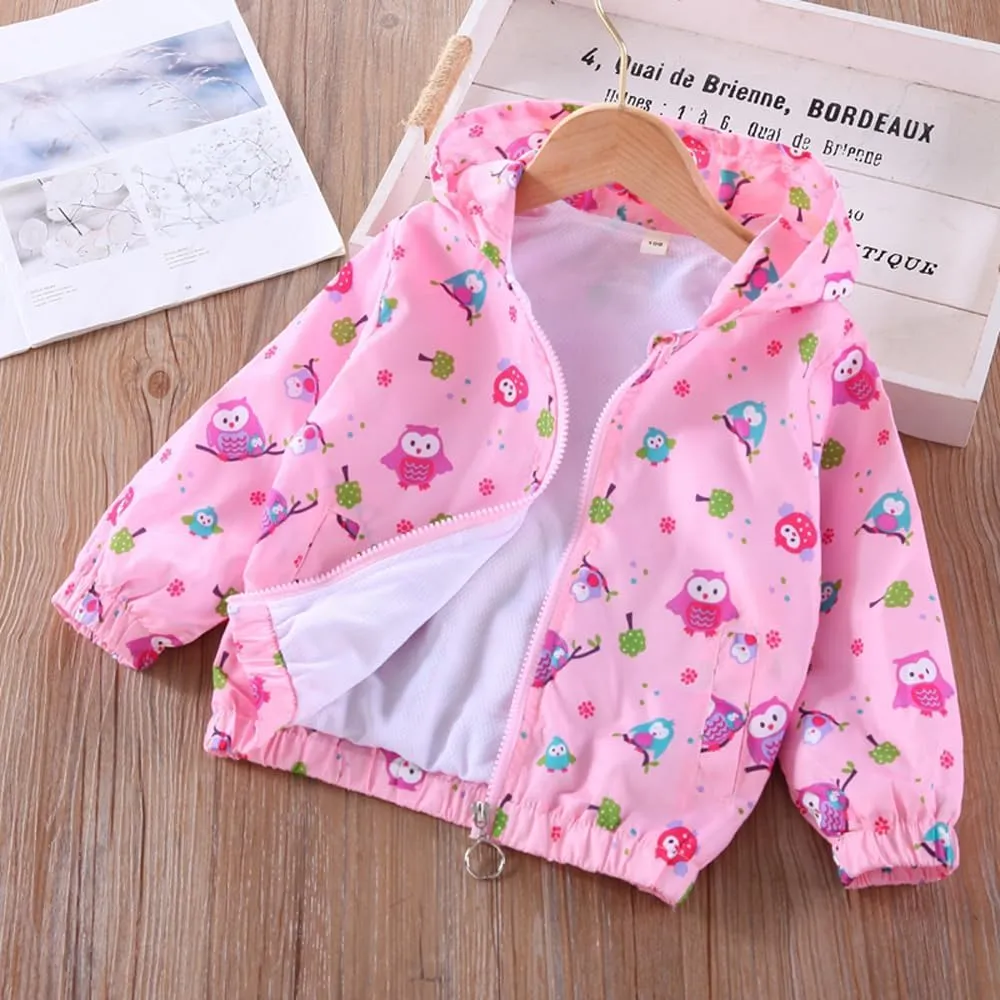DDSOL Lightweight Hooded Windbreaker for Toddler Girls - Cartoon Print Unicorn and Owl Zip Jacket for Spring/Fall (Ages 2-8)