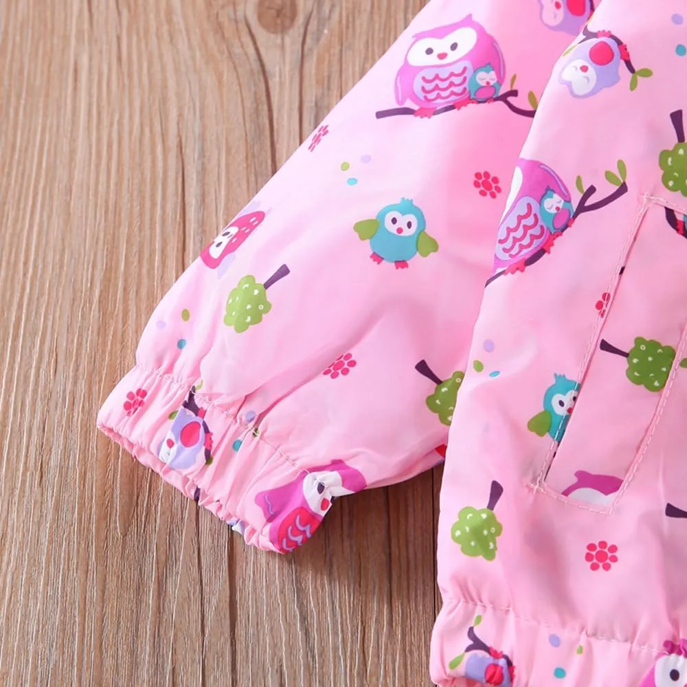 DDSOL Lightweight Hooded Windbreaker for Toddler Girls - Cartoon Print Unicorn and Owl Zip Jacket for Spring/Fall (Ages 2-8)