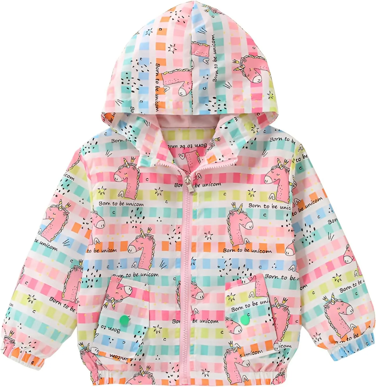 DDSOL Lightweight Hooded Windbreaker for Toddler Girls - Cartoon Print Unicorn and Owl Zip Jacket for Spring/Fall (Ages 2-8)