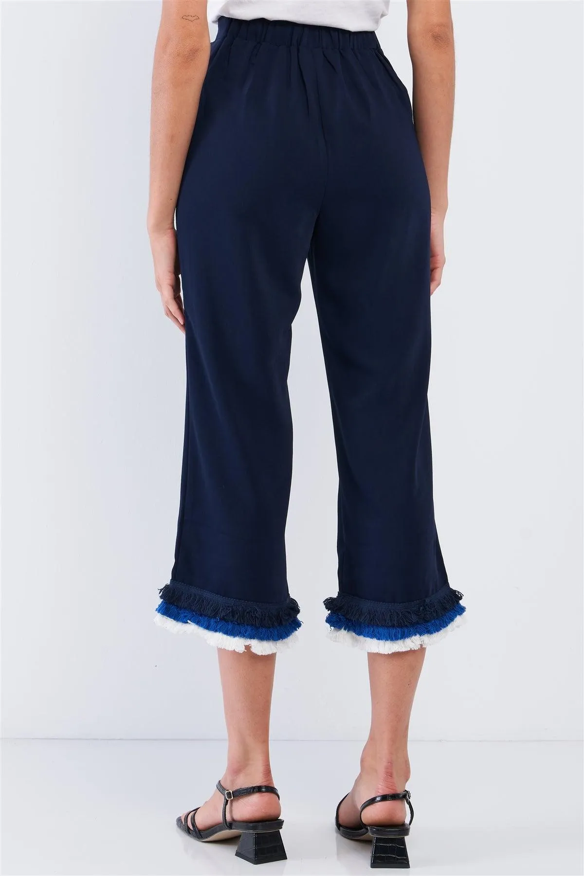 Deep Blue High Waist Layered Multicolor Shredded Hem Wide Leg Capri Pants With Front Pockets /1-2-2-1