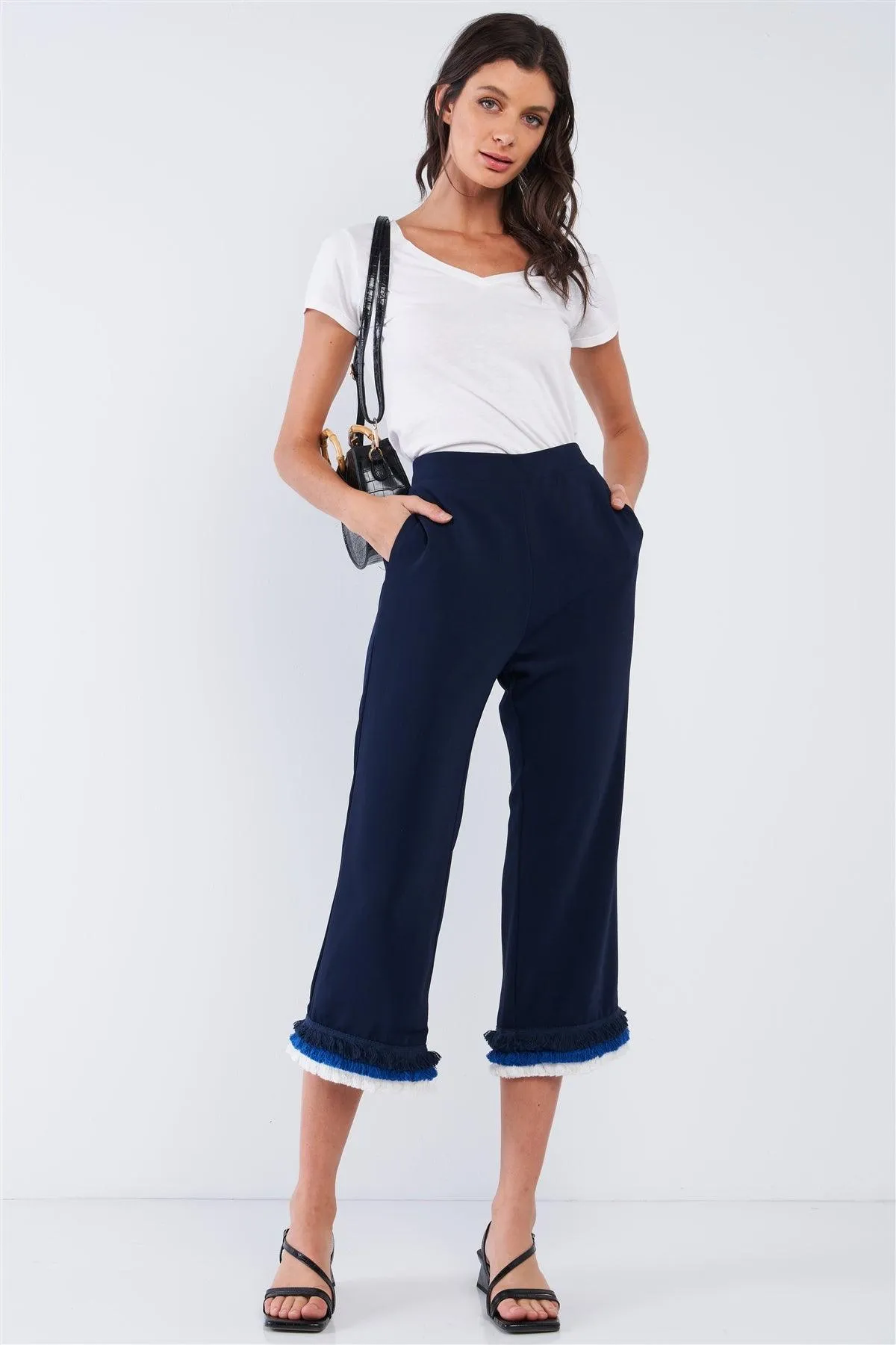 Deep Blue High Waist Layered Multicolor Shredded Hem Wide Leg Capri Pants With Front Pockets /1-2-2-1