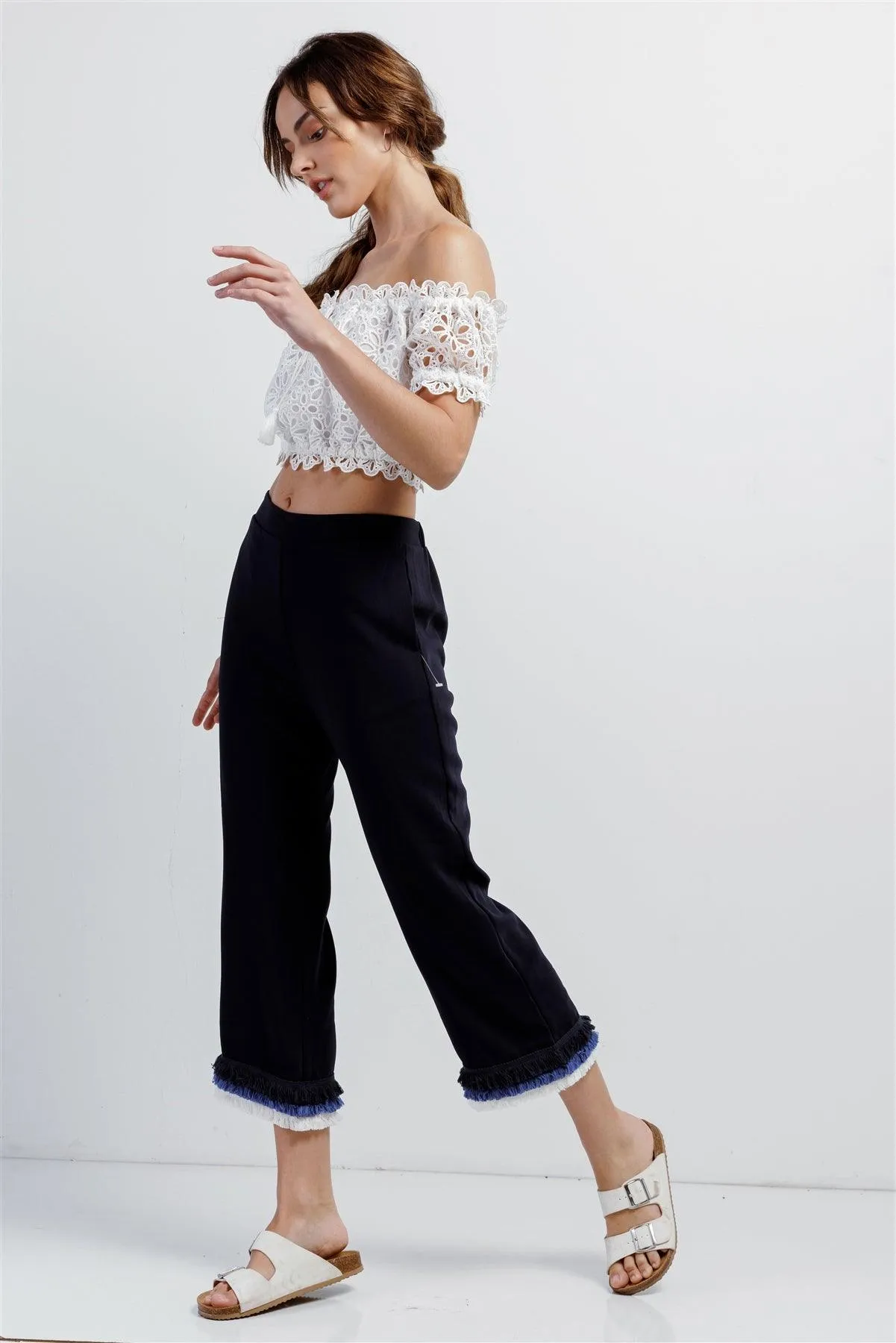 Deep Blue High Waist Layered Multicolor Shredded Hem Wide Leg Capri Pants With Front Pockets /1-2-2-1
