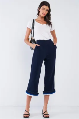 Deep Blue High Waist Layered Multicolor Shredded Hem Wide Leg Capri Pants With Front Pockets /1-2-2-1