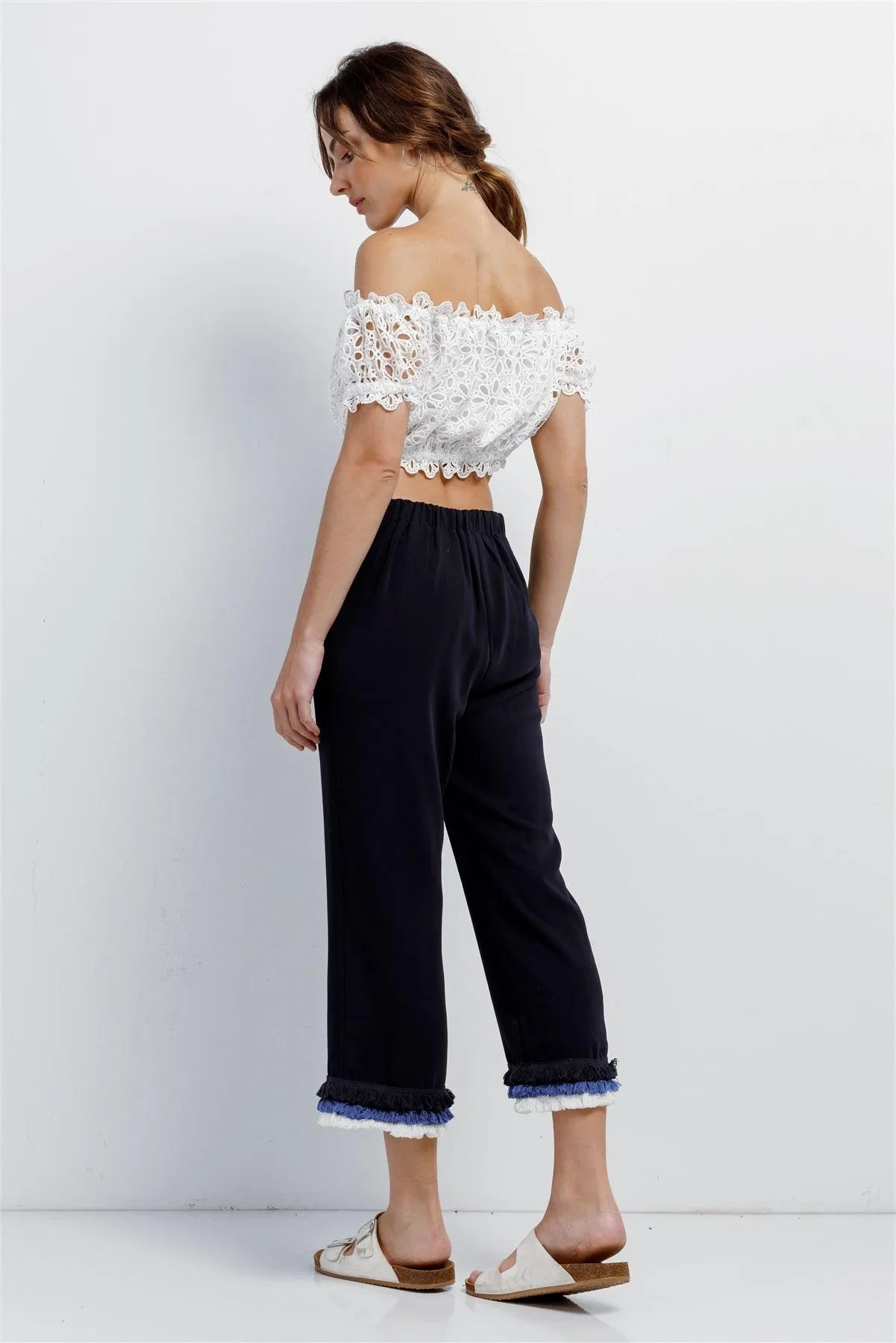 Deep Blue High Waist Layered Multicolor Shredded Hem Wide Leg Capri Pants With Front Pockets /1-2-2-1