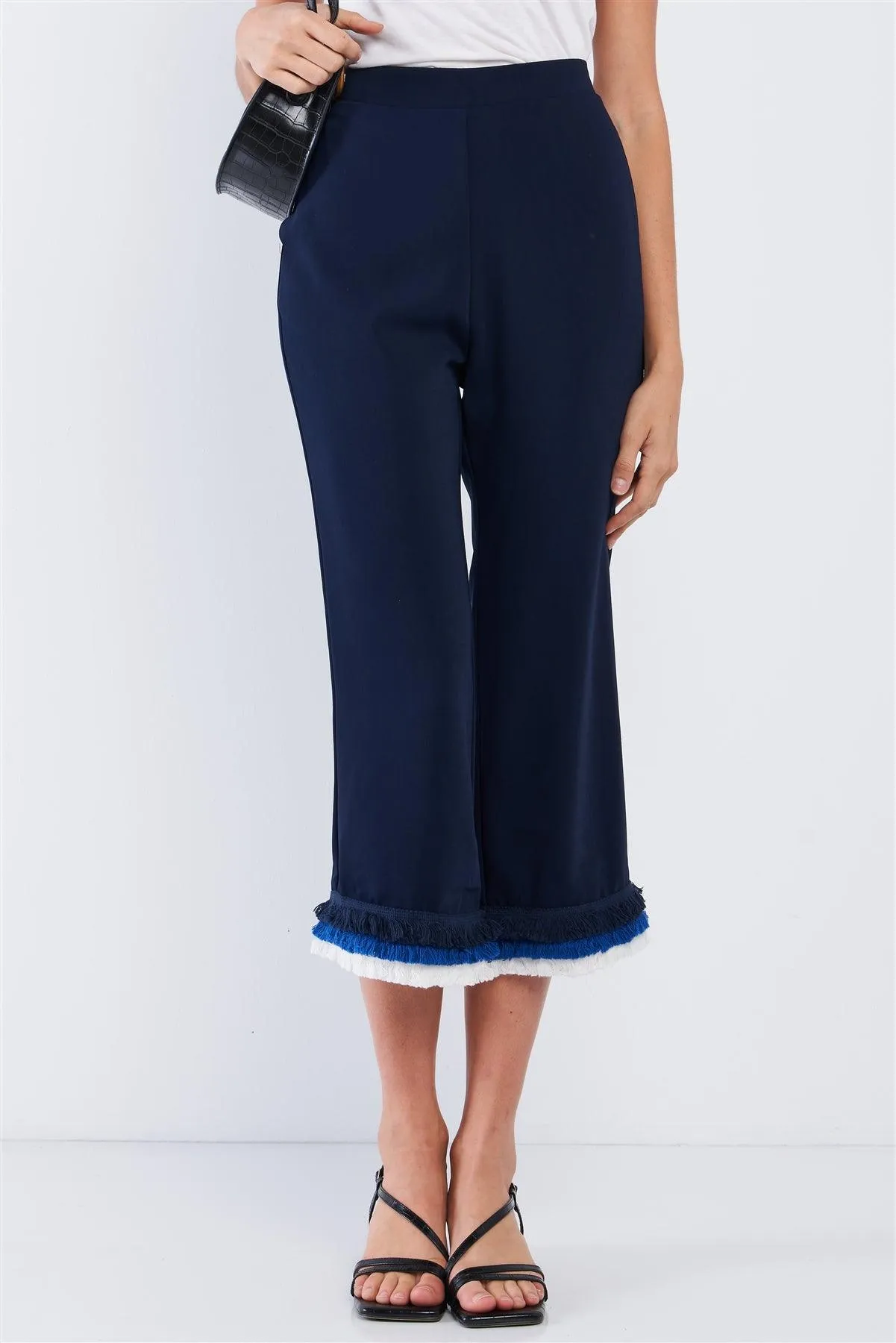 Deep Blue High Waist Layered Multicolor Shredded Hem Wide Leg Capri Pants With Front Pockets /1-2-2-1