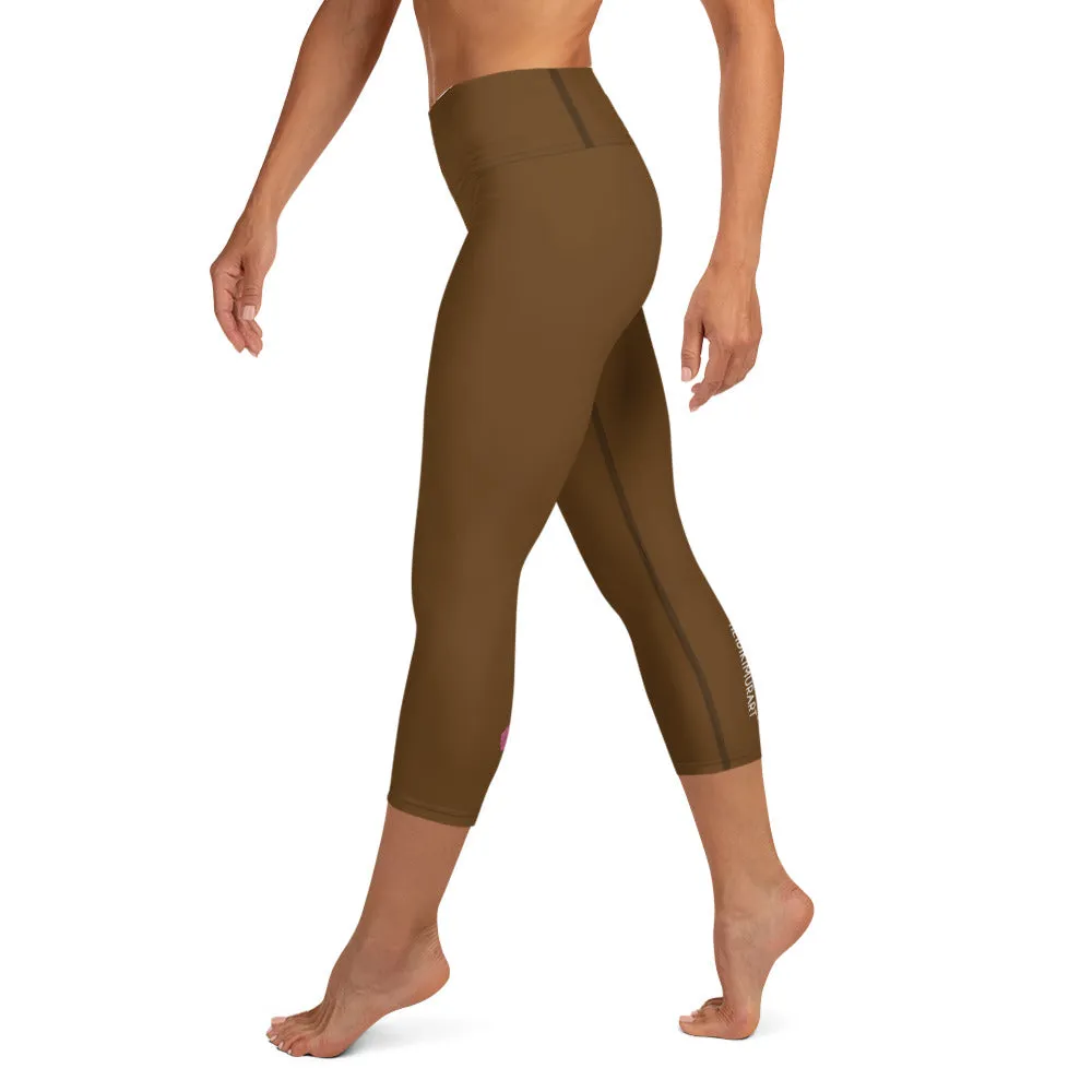 Dusty Brown Yoga Capri Leggings, Solid Color Women's Workout Gym Tights- Made in USA/EU/MX