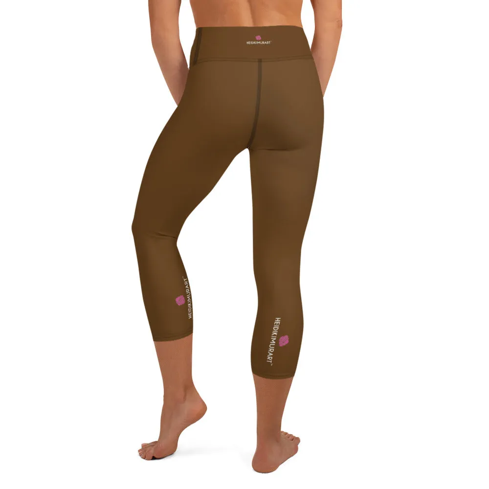 Dusty Brown Yoga Capri Leggings, Solid Color Women's Workout Gym Tights- Made in USA/EU/MX