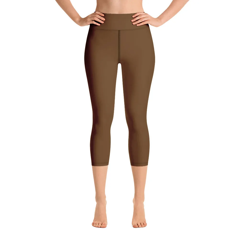Dusty Brown Yoga Capri Leggings, Solid Color Women's Workout Gym Tights- Made in USA/EU/MX