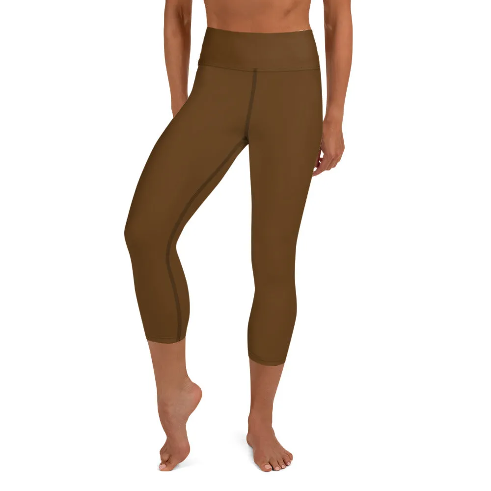 Dusty Brown Yoga Capri Leggings, Solid Color Women's Workout Gym Tights- Made in USA/EU/MX