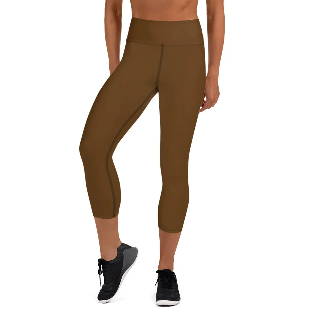 Dusty Brown Yoga Capri Leggings, Solid Color Women's Workout Gym Tights- Made in USA/EU/MX