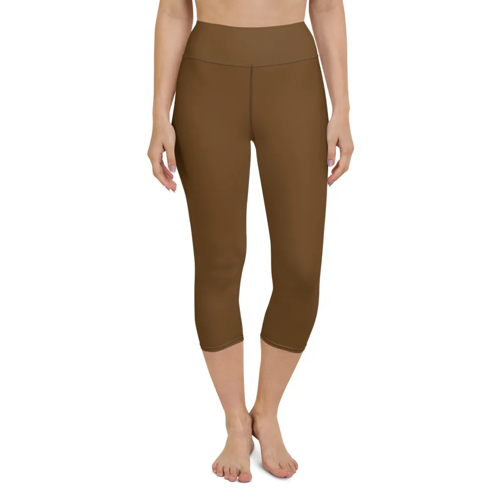 Dusty Brown Yoga Capri Leggings, Solid Color Women's Workout Gym Tights- Made in USA/EU/MX