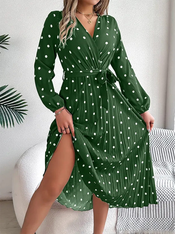 Essential Long Sleeve Polka Dot Tie Belt Midi Dress