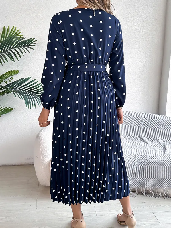 Essential Long Sleeve Polka Dot Tie Belt Midi Dress