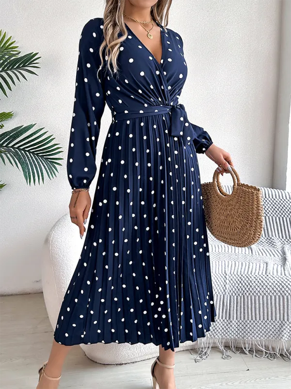 Essential Long Sleeve Polka Dot Tie Belt Midi Dress