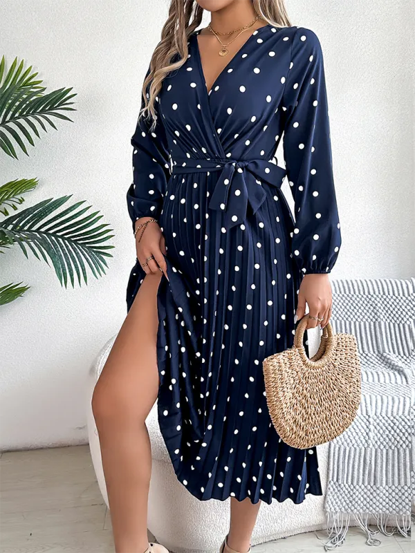 Essential Long Sleeve Polka Dot Tie Belt Midi Dress