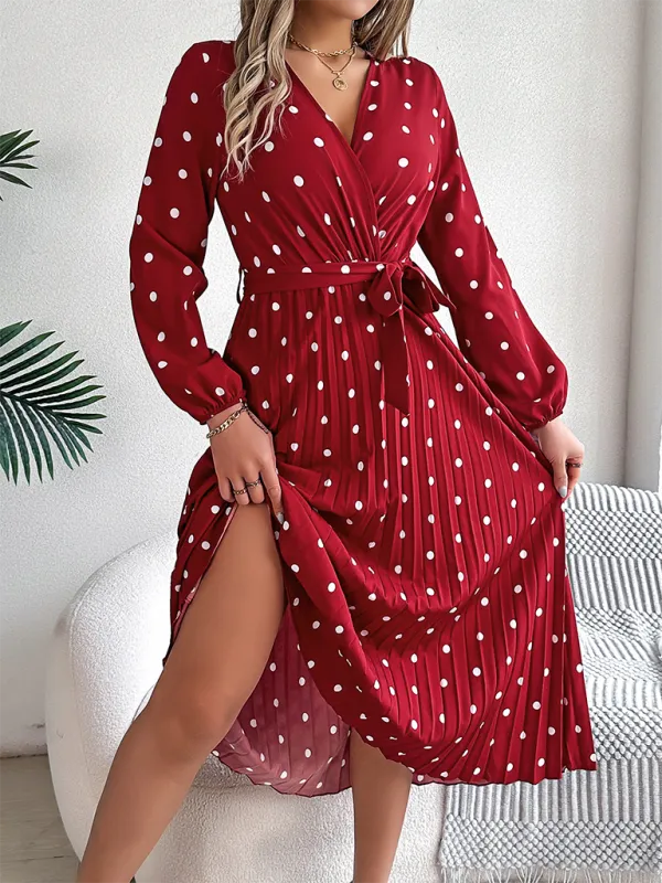 Essential Long Sleeve Polka Dot Tie Belt Midi Dress
