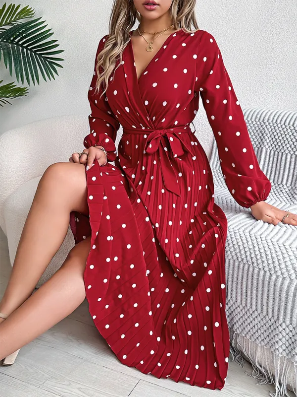 Essential Long Sleeve Polka Dot Tie Belt Midi Dress