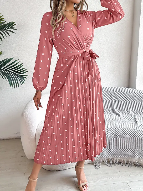 Essential Long Sleeve Polka Dot Tie Belt Midi Dress
